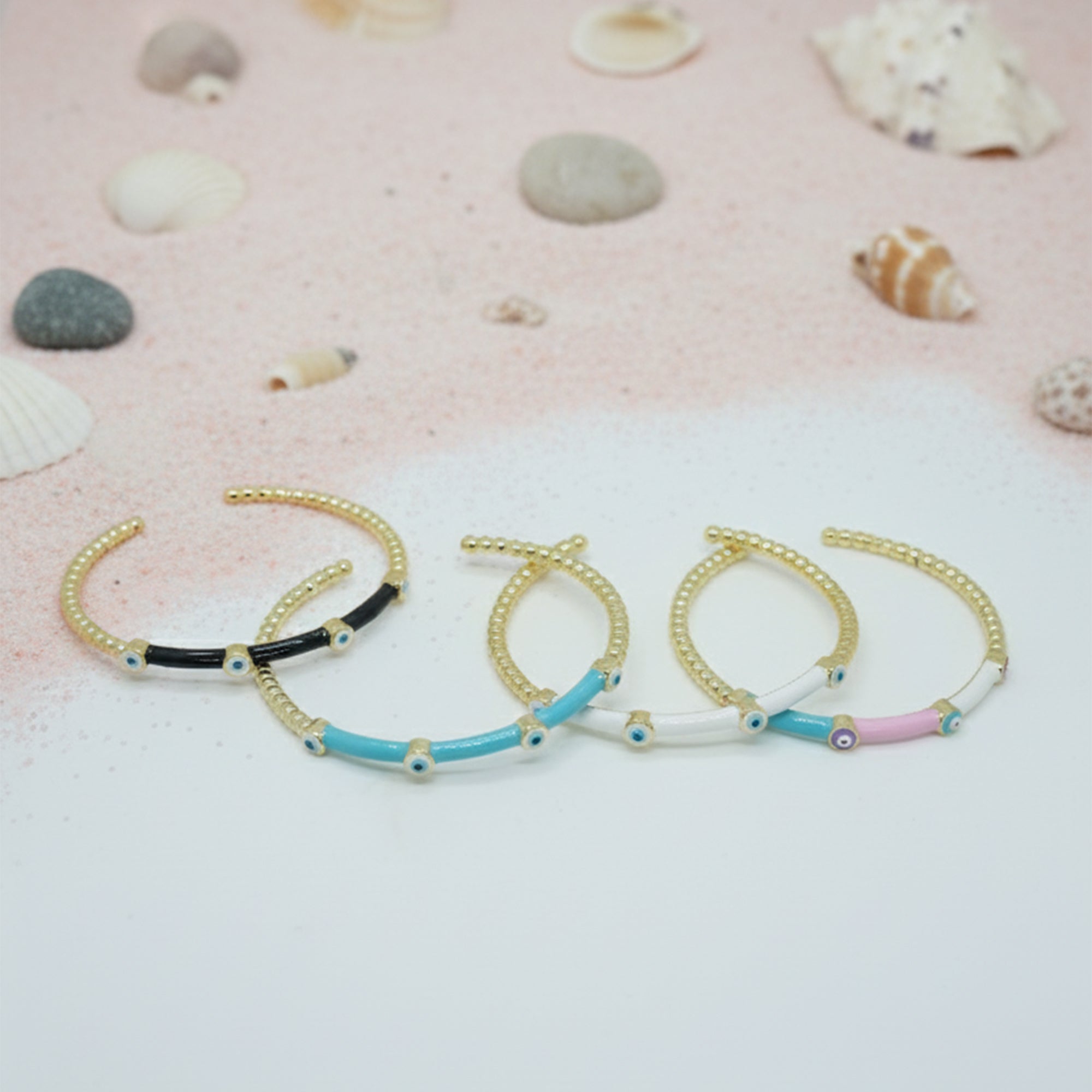 Evil Eye Beaded Enamel Cuff – Gold Luxe Charm Bangle