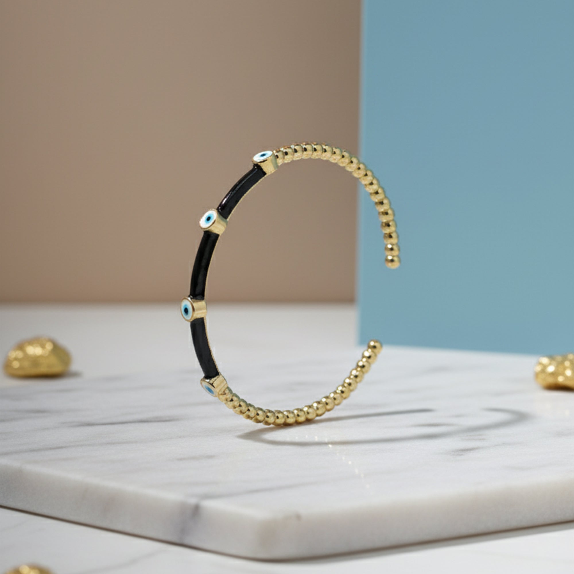 Evil Eye Beaded Enamel Cuff – Gold Luxe Charm Bangle