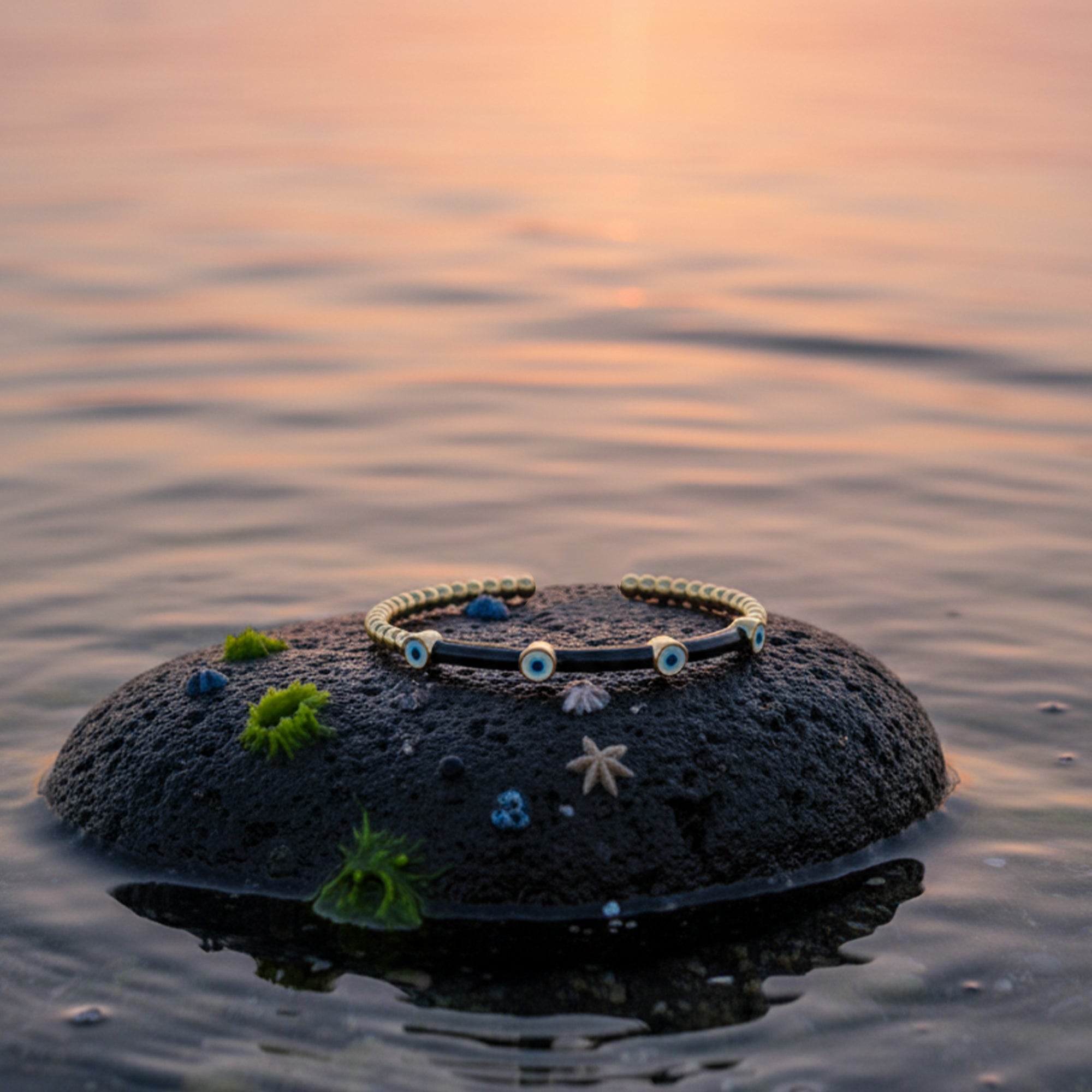 Evil Eye Beaded Enamel Cuff – Gold Luxe Charm Bangle