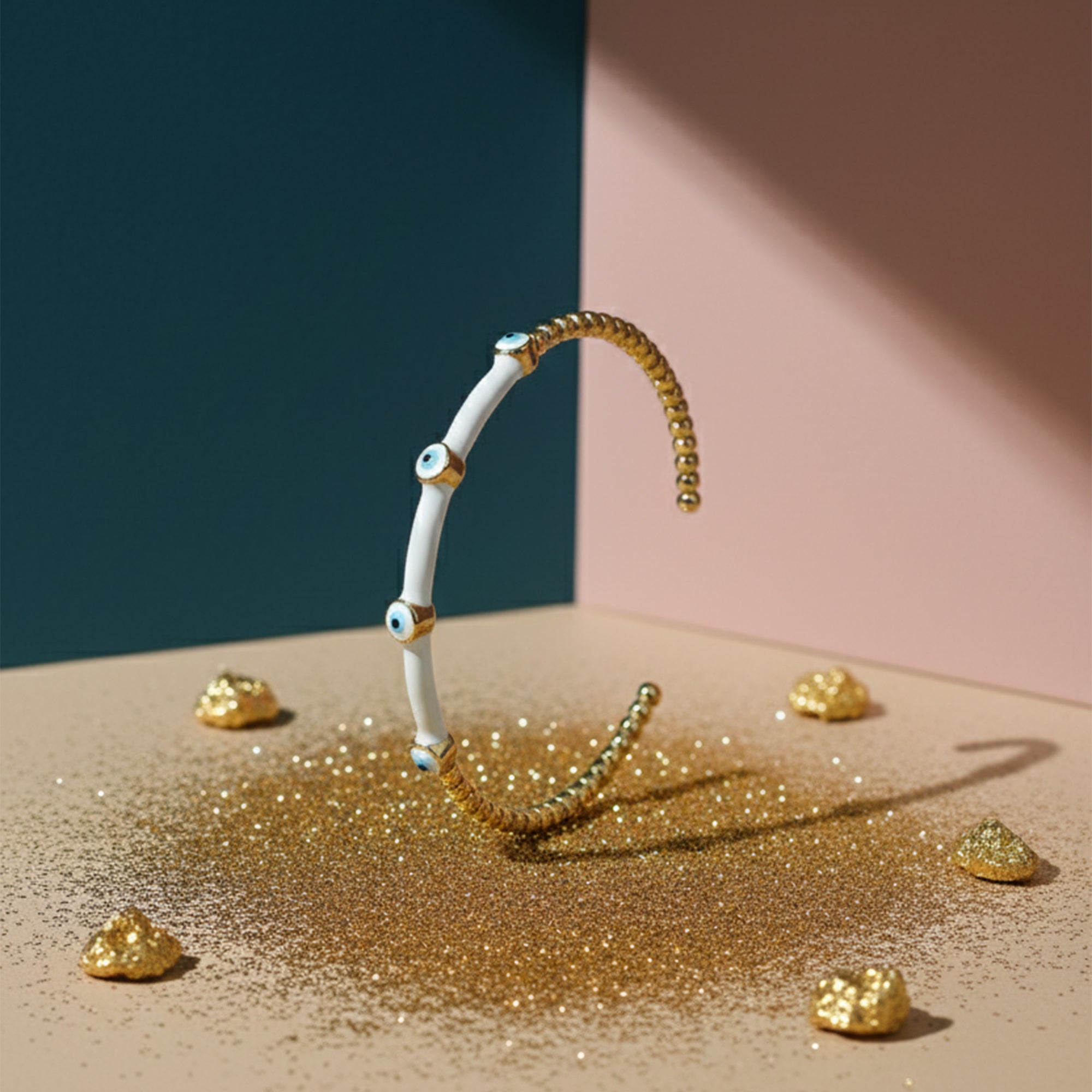 Evil Eye Beaded Enamel Cuff – Gold Luxe Charm Bangle