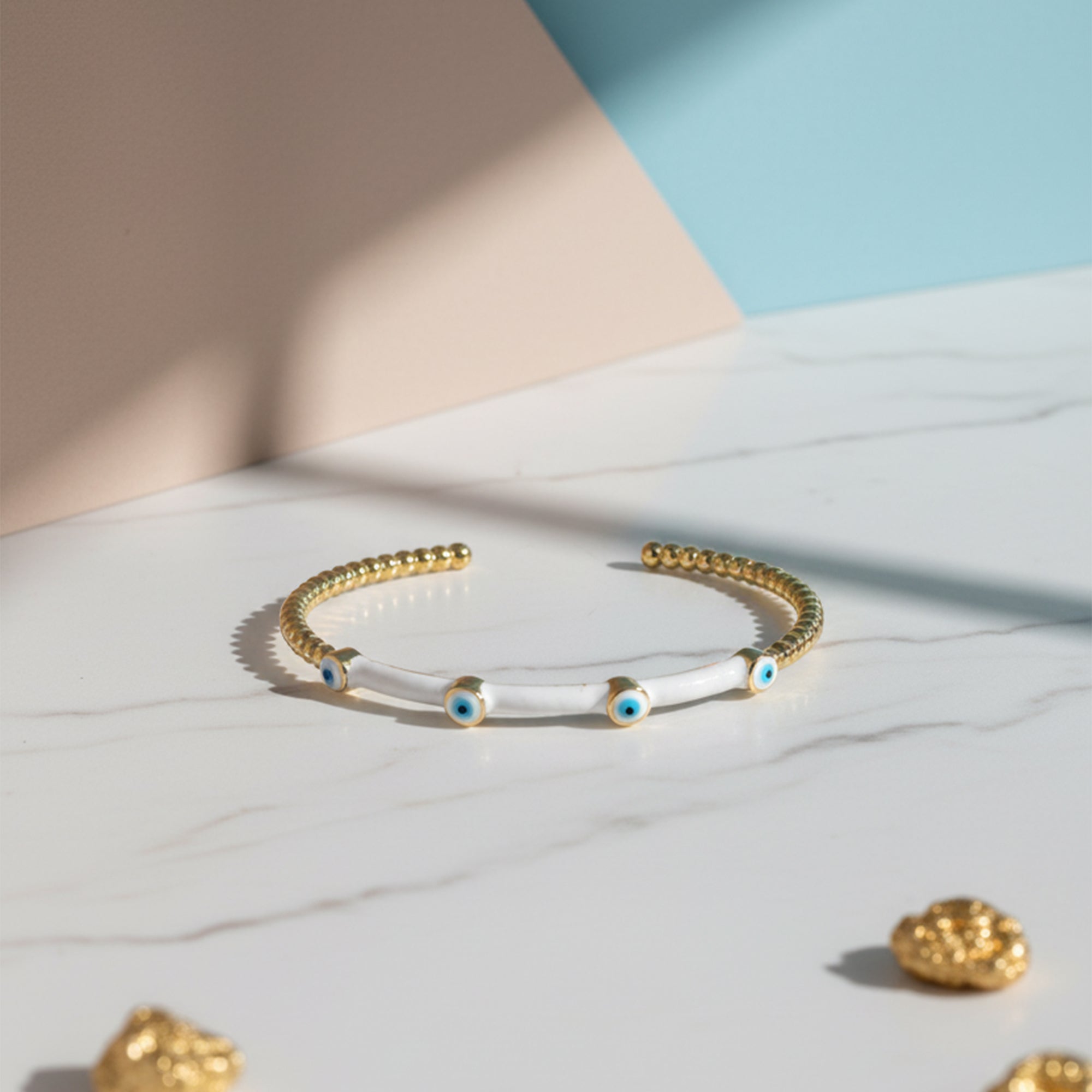 Evil Eye Beaded Enamel Cuff – Gold Luxe Charm Bangle