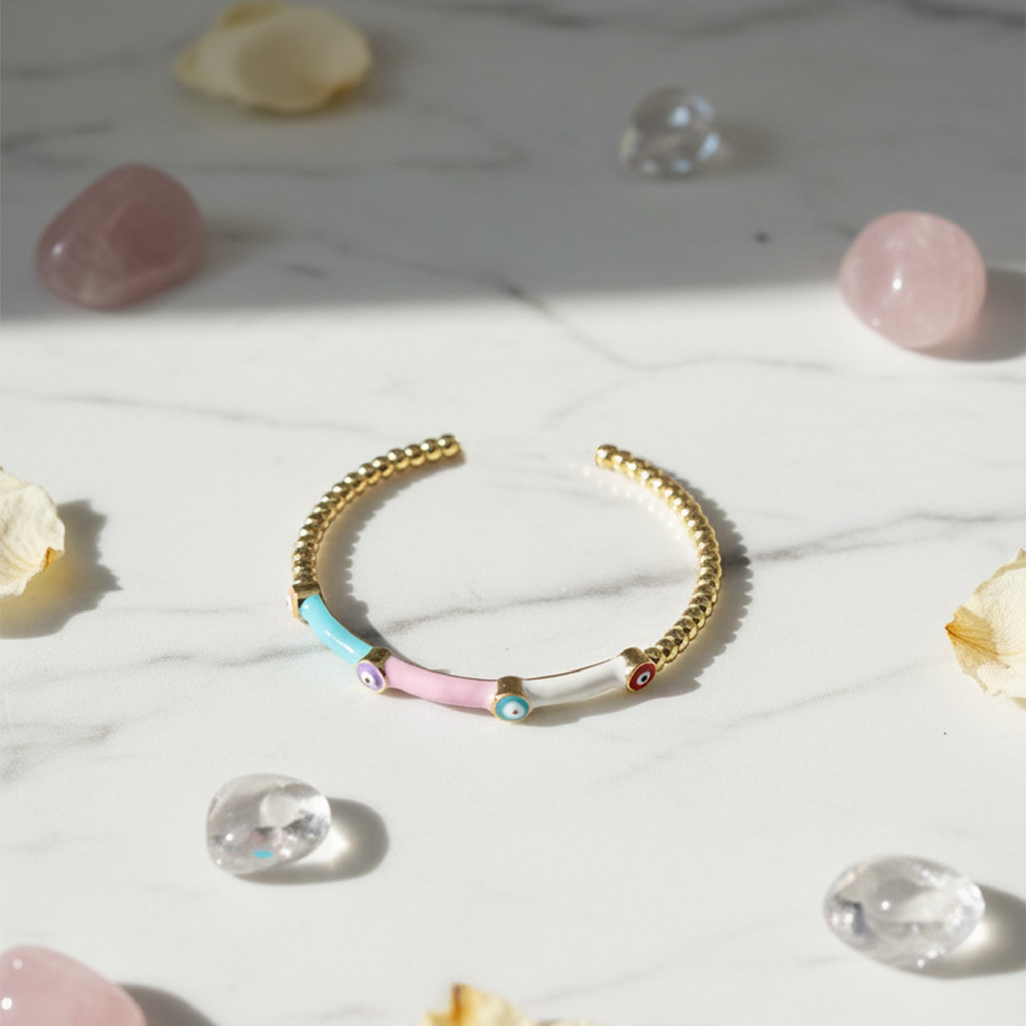 Evil Eye Beaded Enamel Cuff – Gold Luxe Charm Bangle