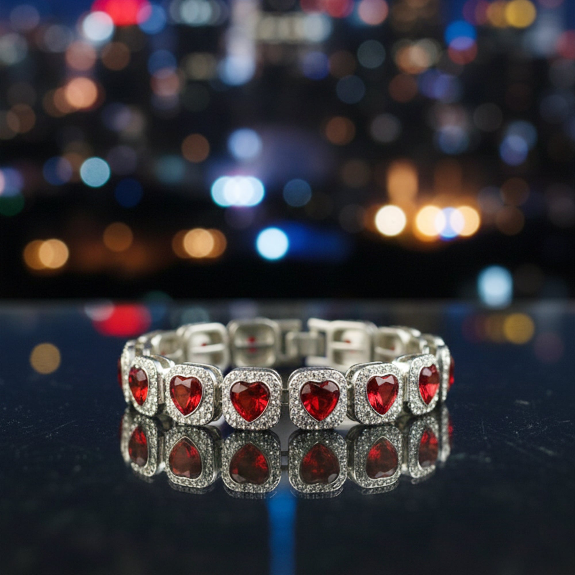 Crimson Heart Tennis Bracelet  Silver Luxe Edition