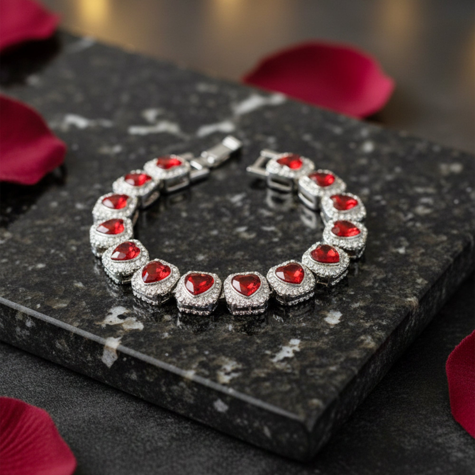 Crimson Heart Tennis Bracelet  Silver Luxe Edition