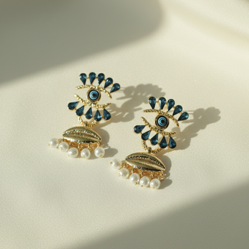 Blue Evil Eye Pearl Drop Earrings  MikiGup