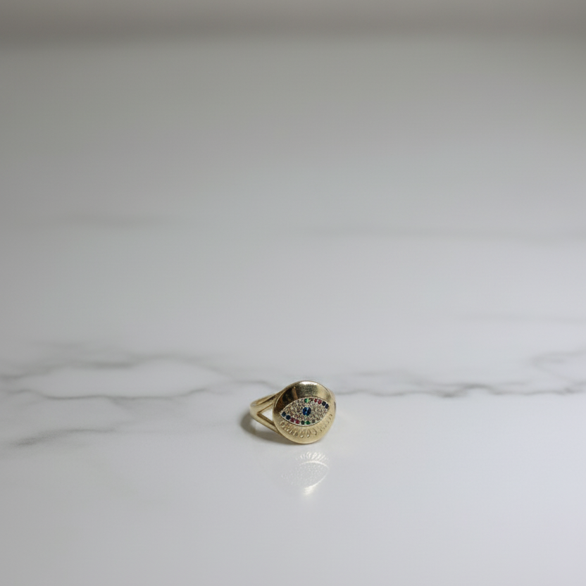 Radiant Eye Gold Ring  Multicolor Brilliance Meets Protection