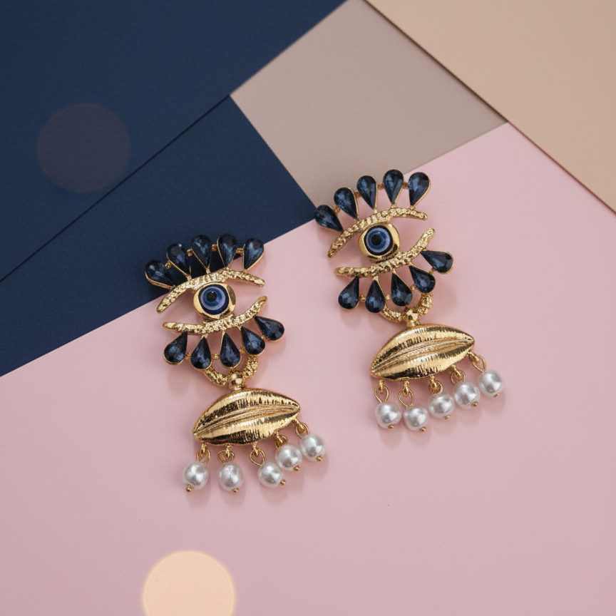 Blue Evil Eye Pearl Drop Earrings  MikiGup