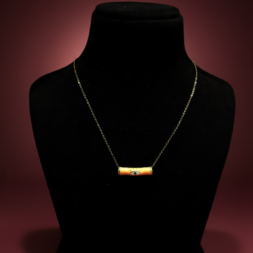 Orange Enamel Evil Eye Bar Necklace
