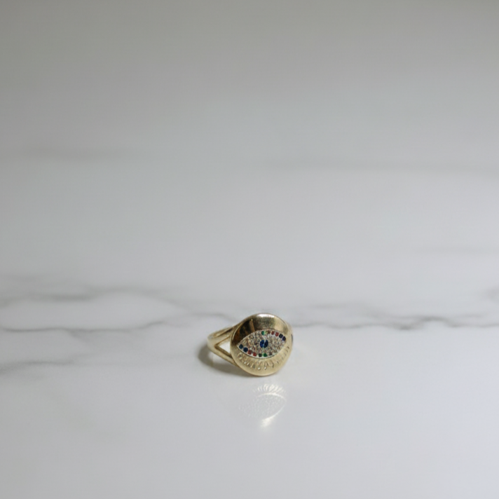 Radiant Eye Gold Ring  Multicolor Brilliance Meets Protection