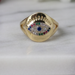 Radiant Eye Gold Ring  Multicolor Brilliance Meets Protection