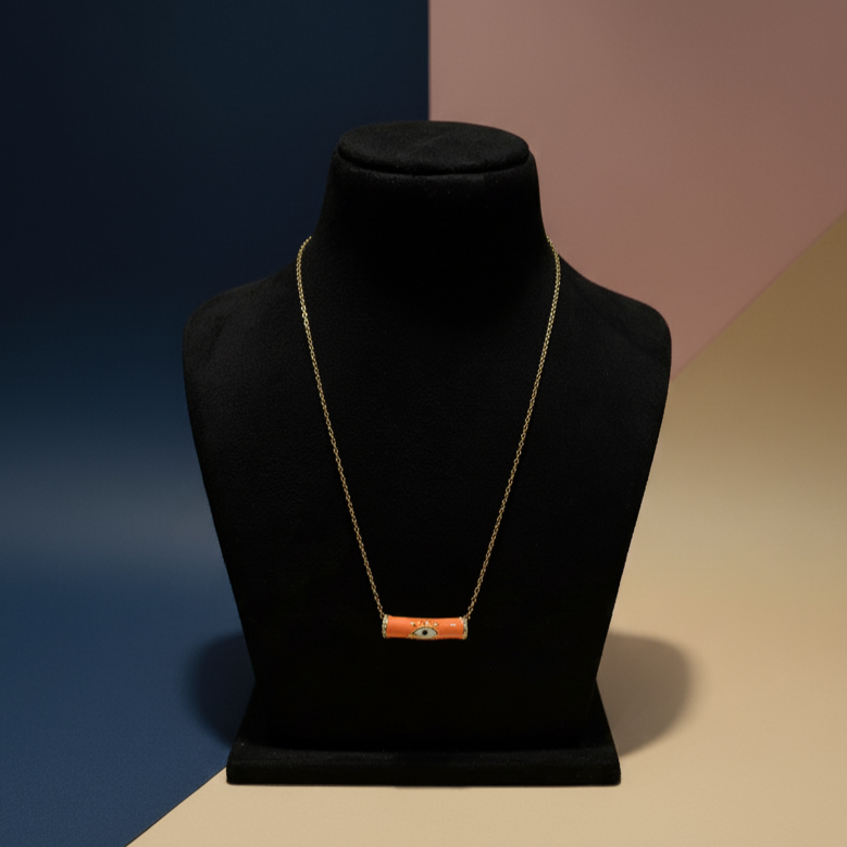 Orange Enamel Evil Eye Bar Necklace