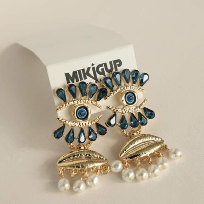 Blue Evil Eye Pearl Drop Earrings  MikiGup