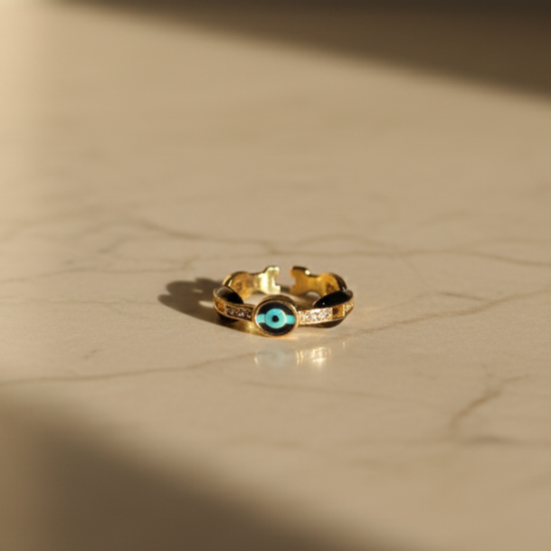 Midnight Guardian Ring   Blue Evil Eye Gold Band