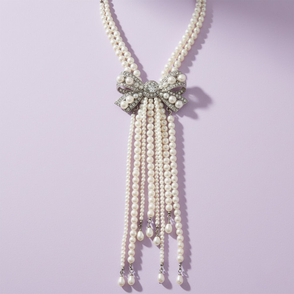 Regal Bow Pearl Cascade Necklace