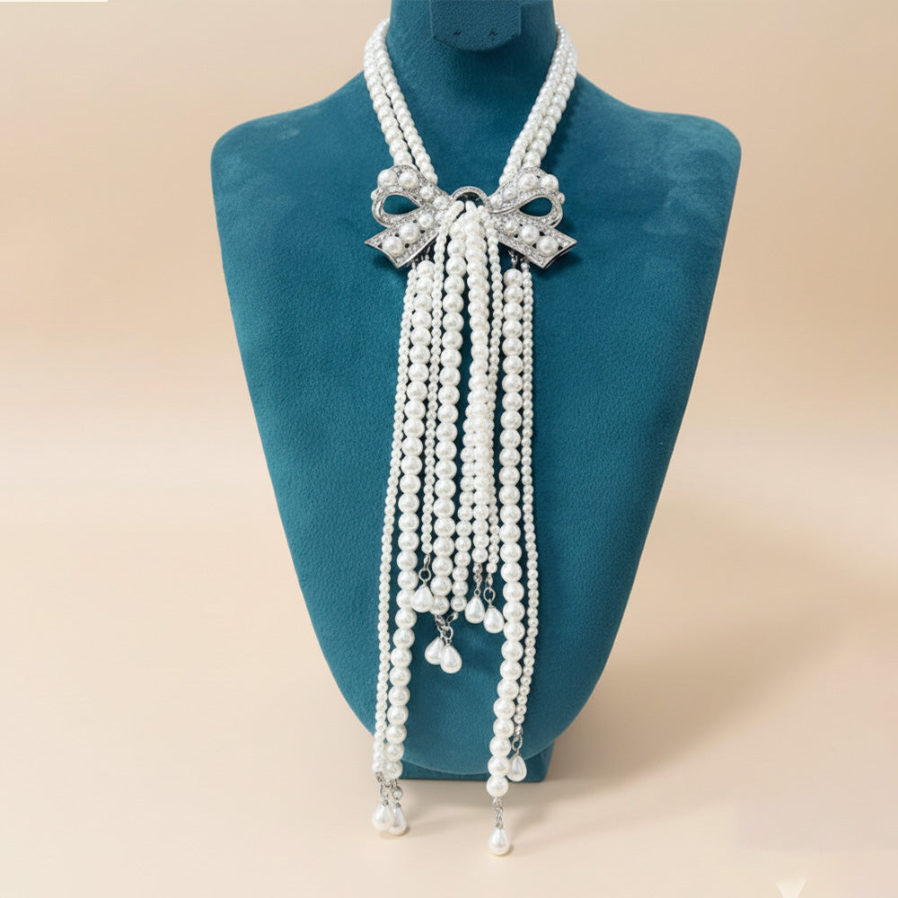 Regal Bow Pearl Cascade Necklace