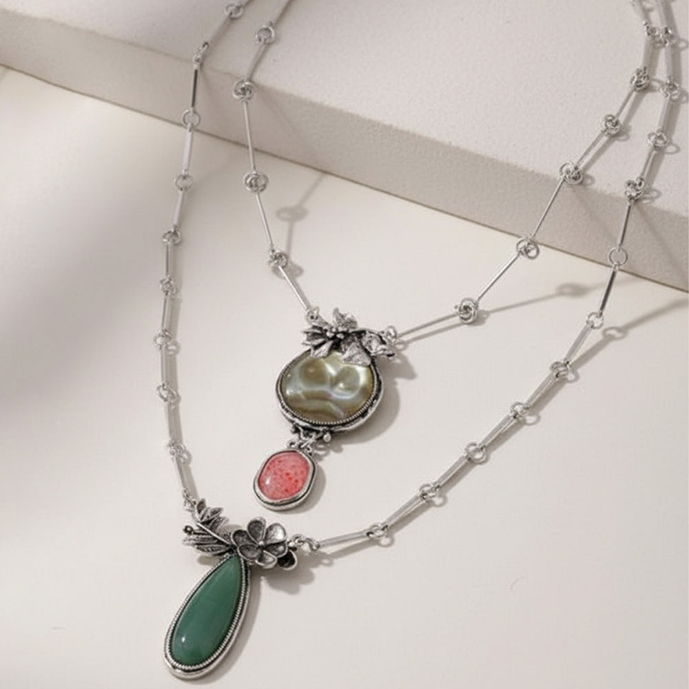 Vintage Layered Gemstone Charm Necklace