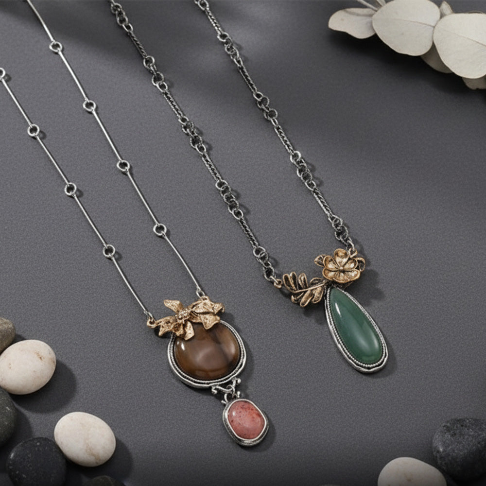 Vintage Layered Gemstone Charm Necklace