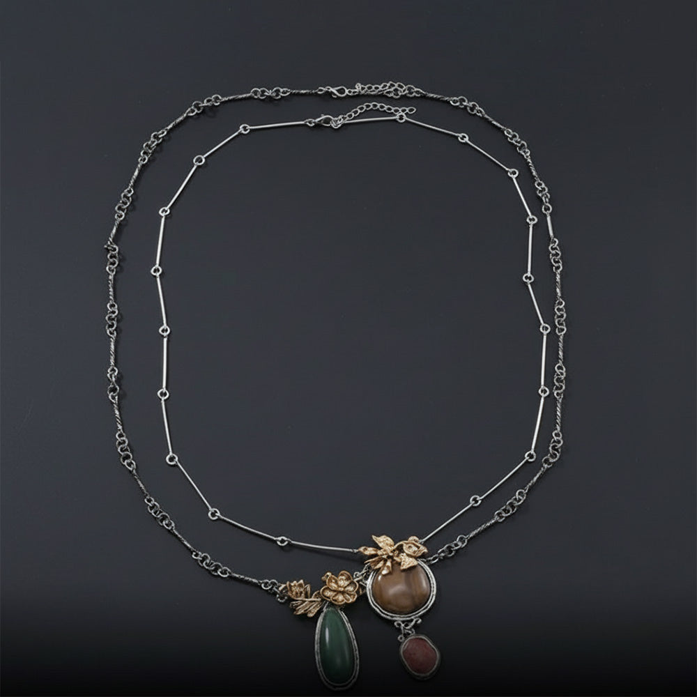 Vintage Layered Gemstone Charm Necklace
